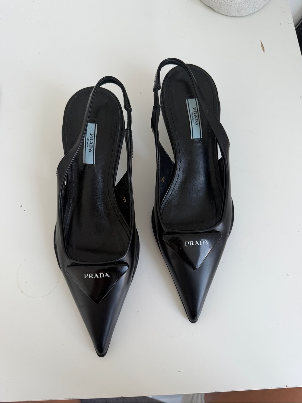 Prada Black Pointed Slingback Pumps with Logo Plaque - Picture 7 of 7
